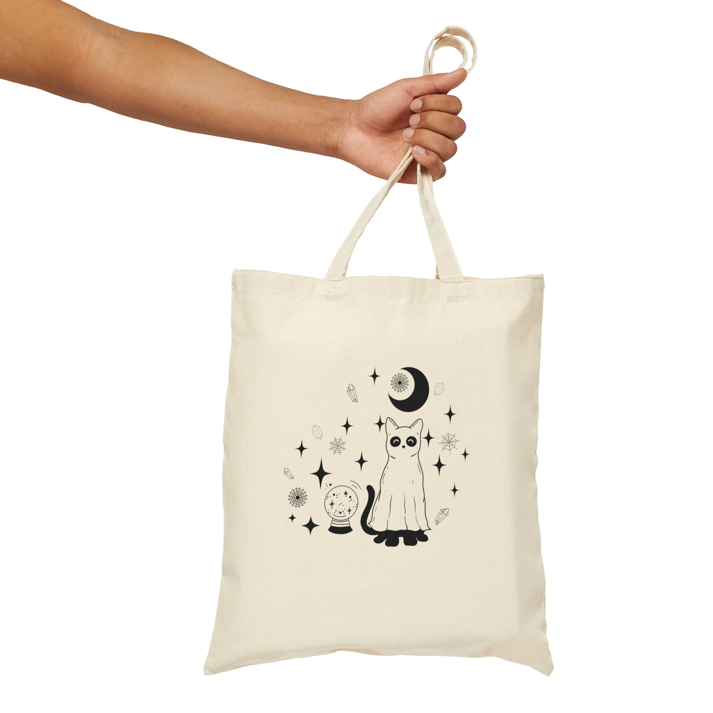 Crystals And Ghost Cat Cotton Canvas Tote Bag