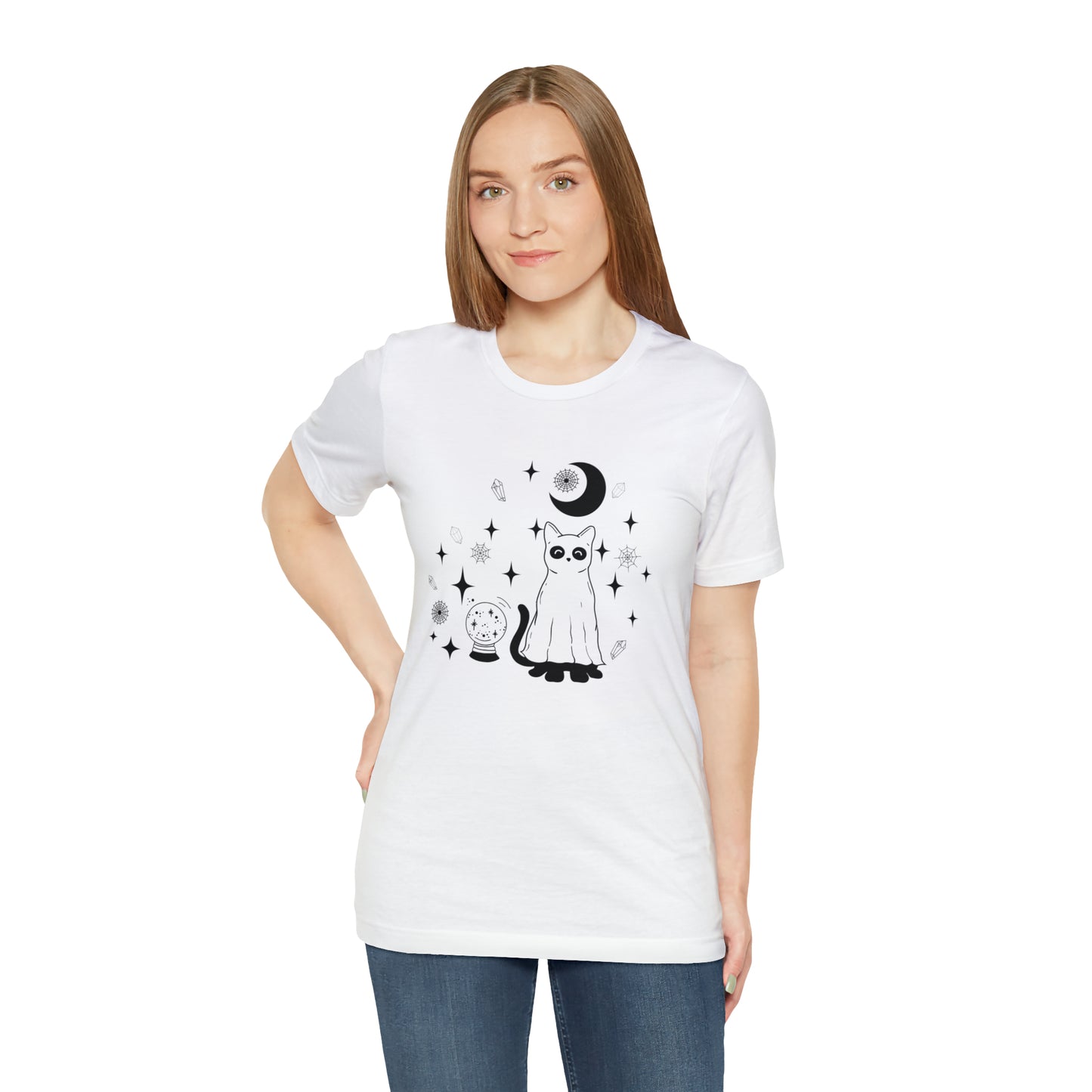 Crystals And Ghost Cat Unisex Jersey Short Sleeve Tee