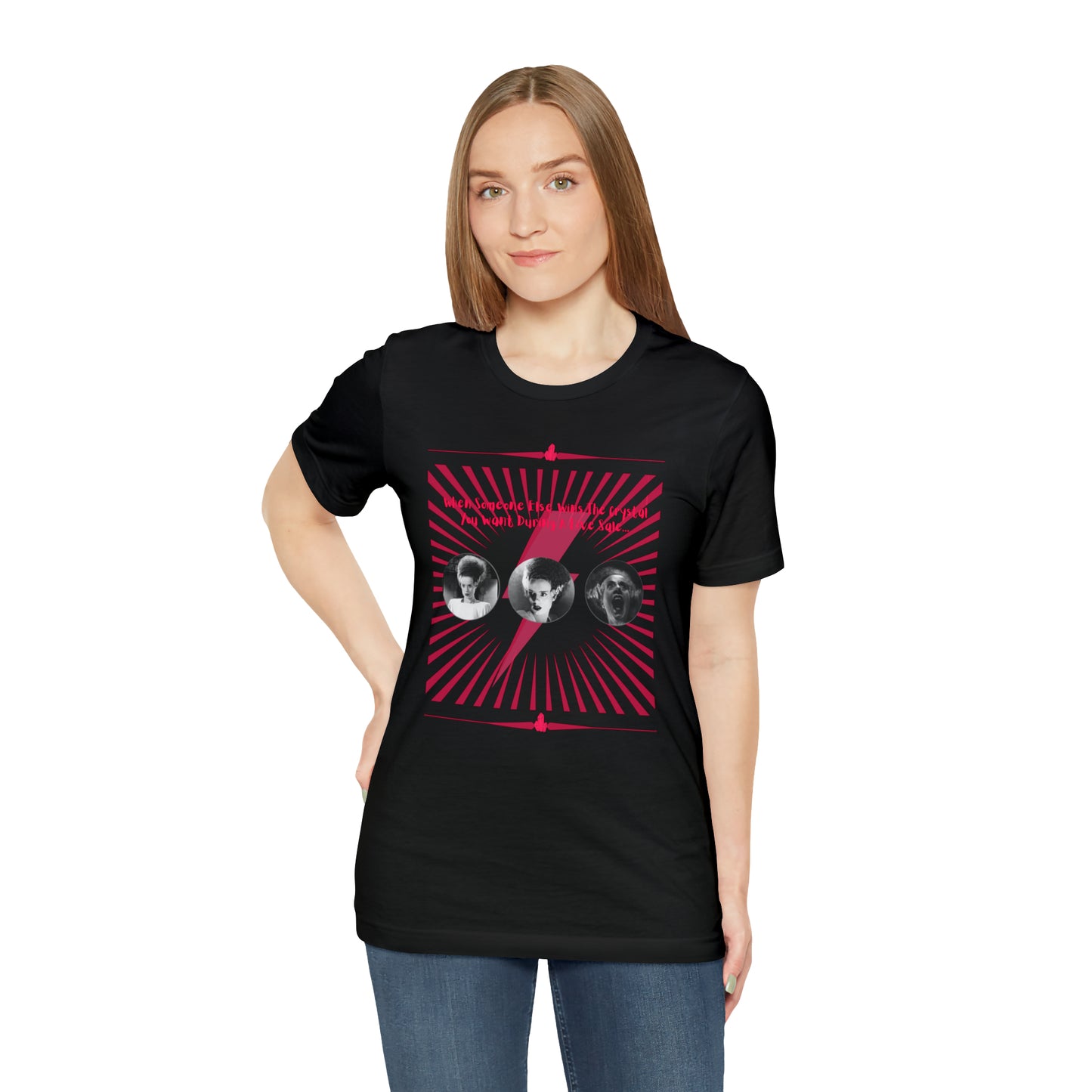 Bride of Frankenstein Loves Crystals Unisex Jersey Short Sleeve Tee Pink Print