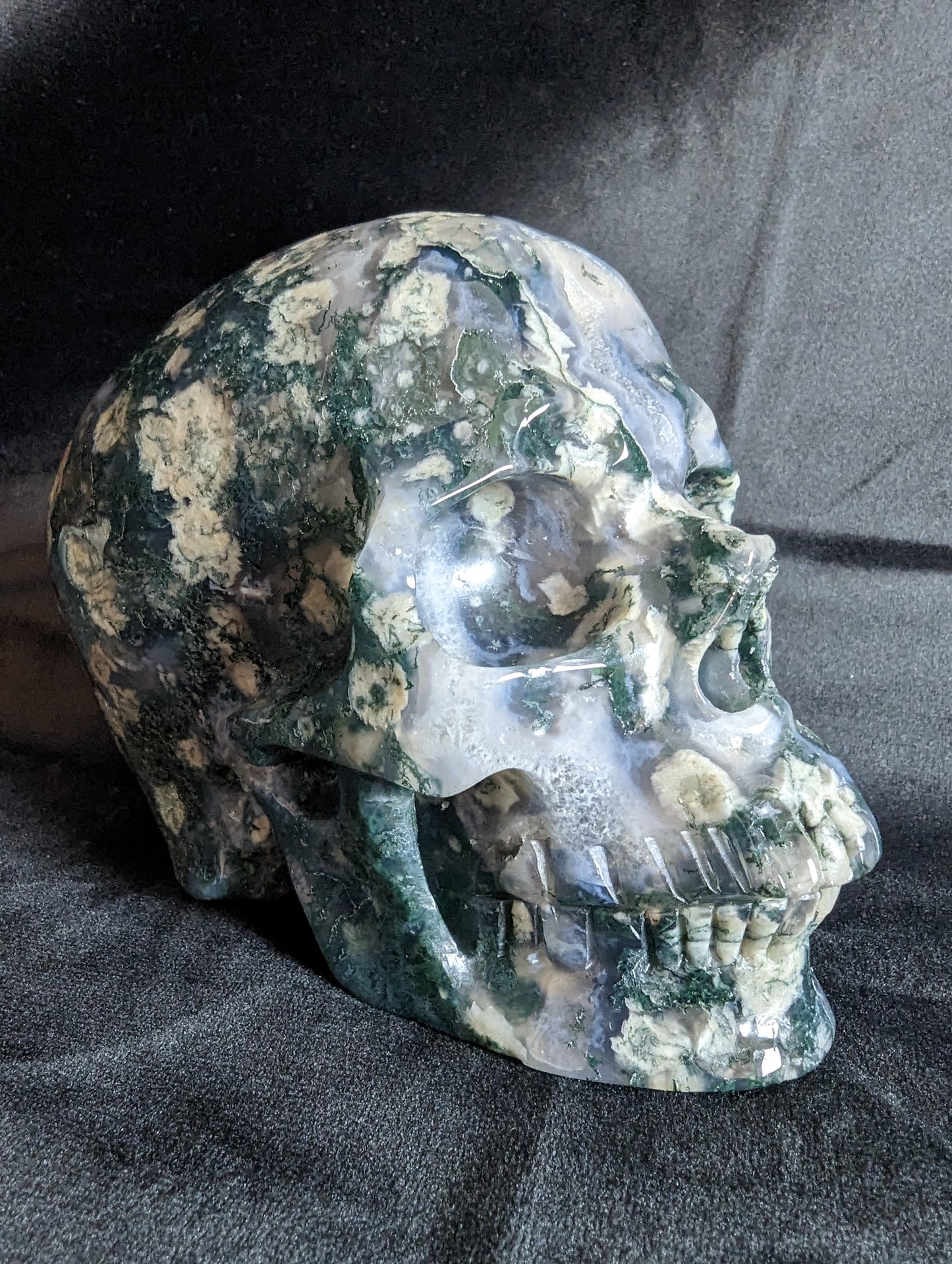 Moss Agate Skull Carving with Druzy