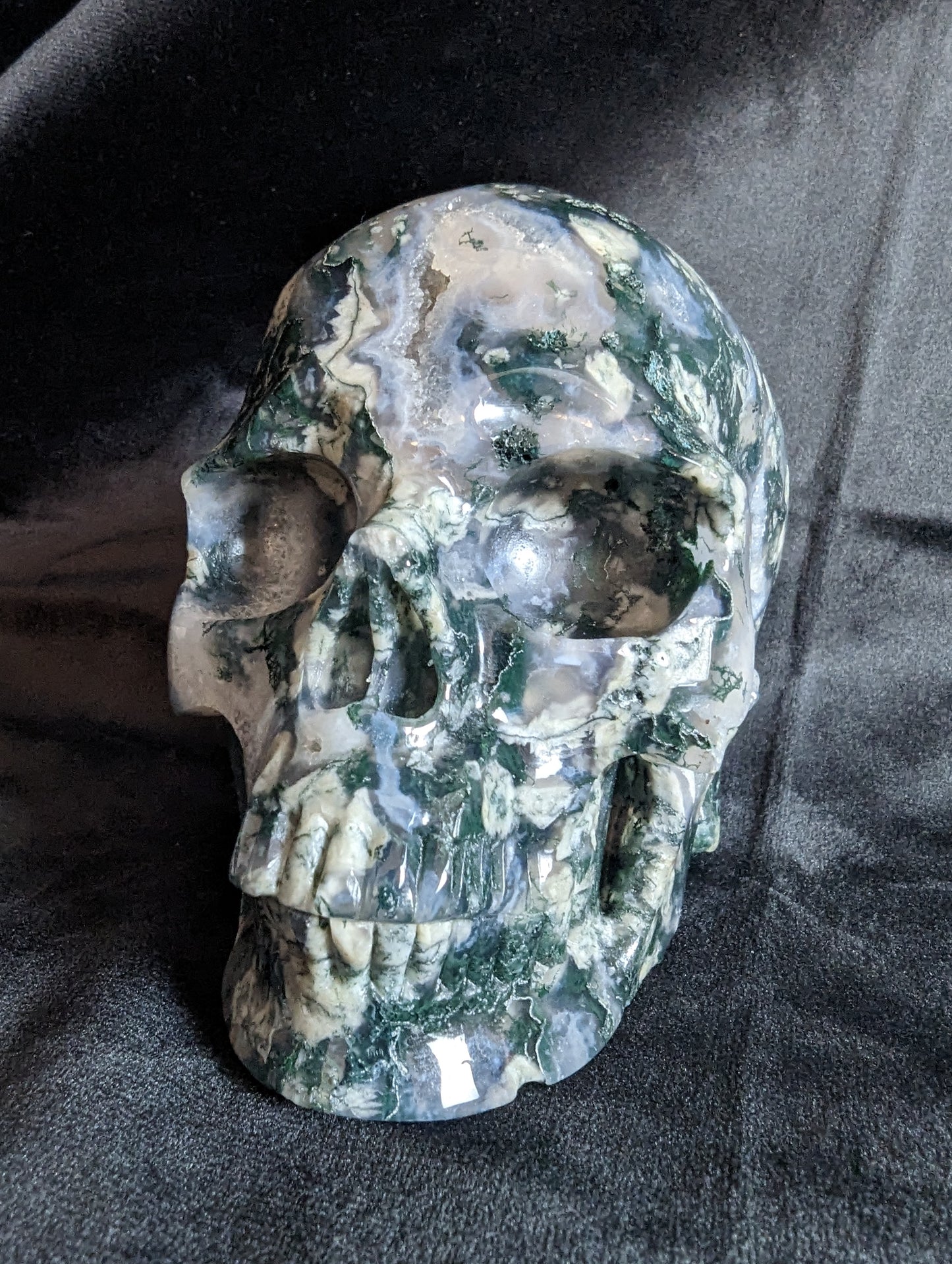 Moss Agate Skull Carving with Druzy