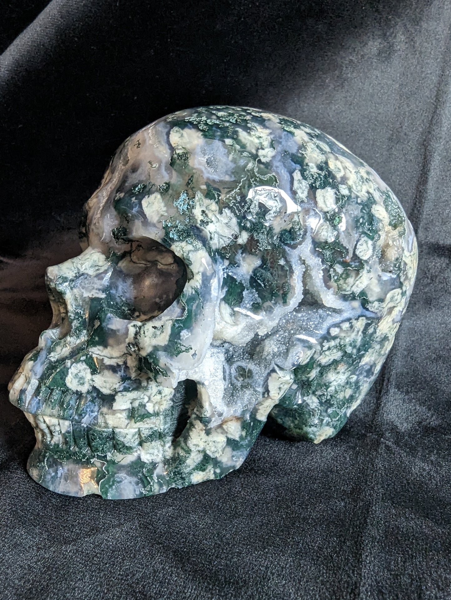 Moss Agate Skull Carving with Druzy