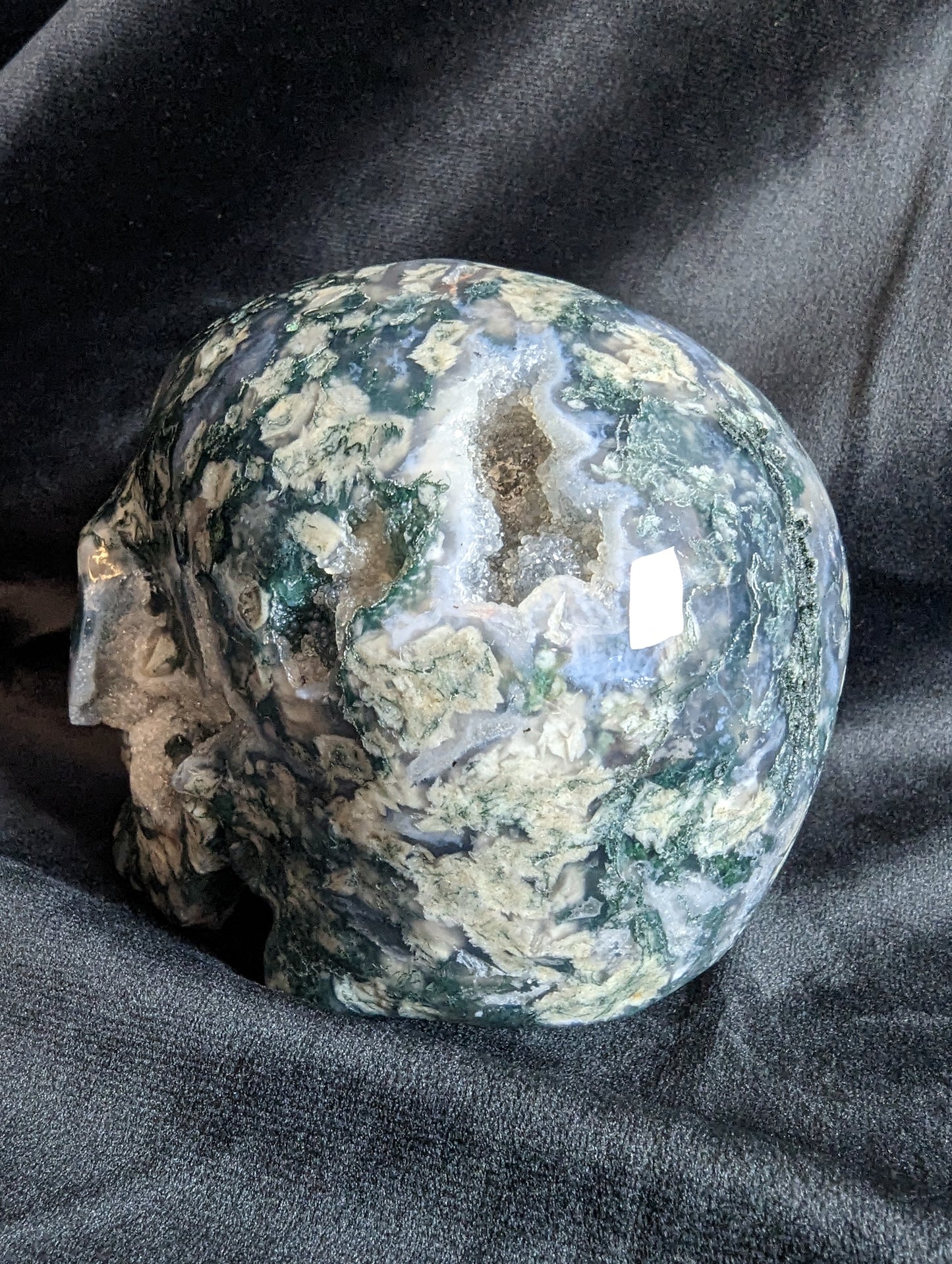 Moss Agate Skull Carving with Druzy