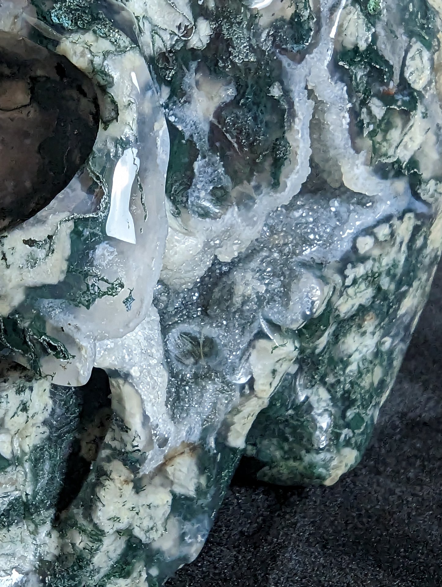 Moss Agate Skull Carving with Druzy