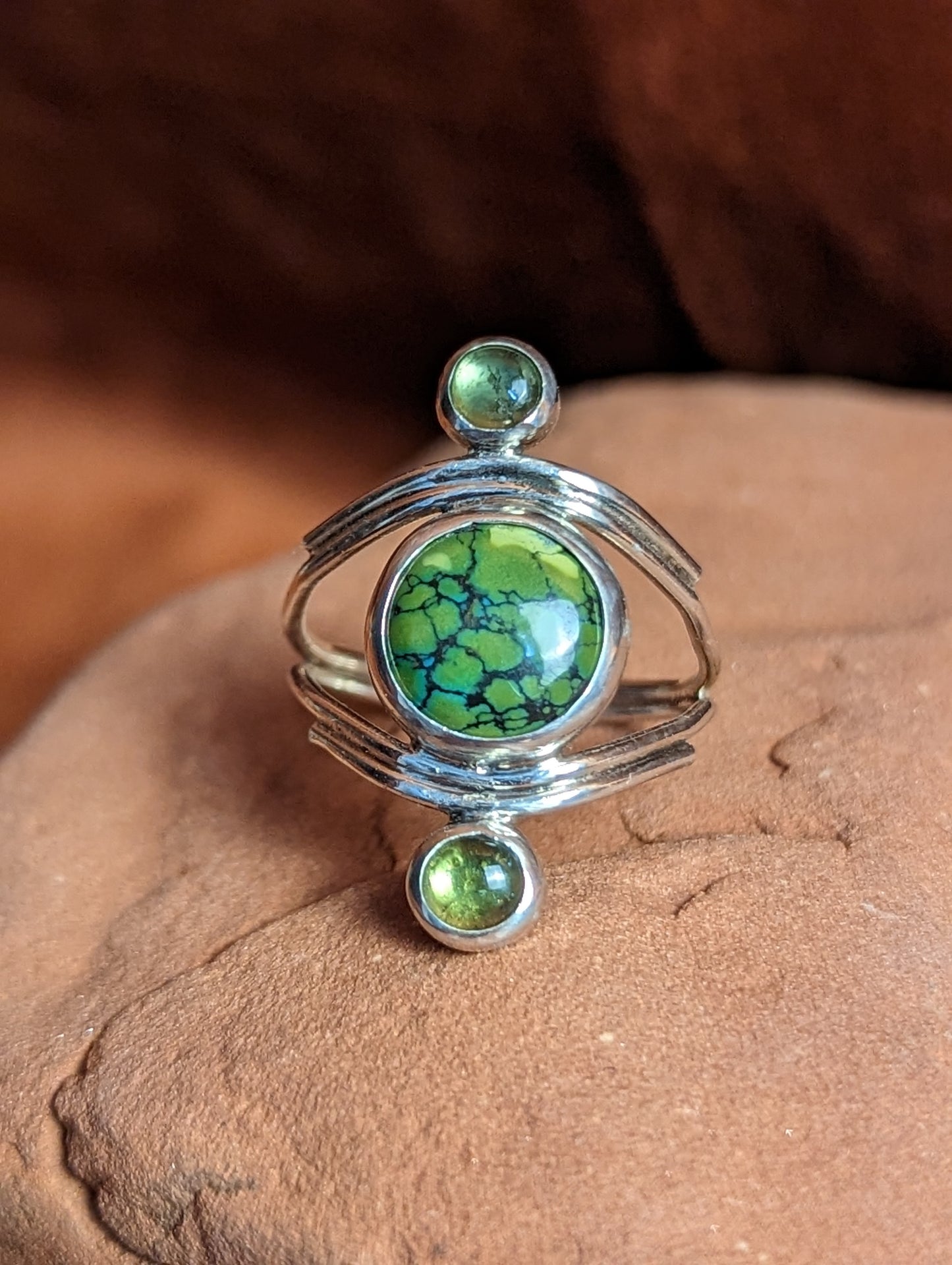 Green Tourmaline and Turquoise Third Eye Ring US Size 6