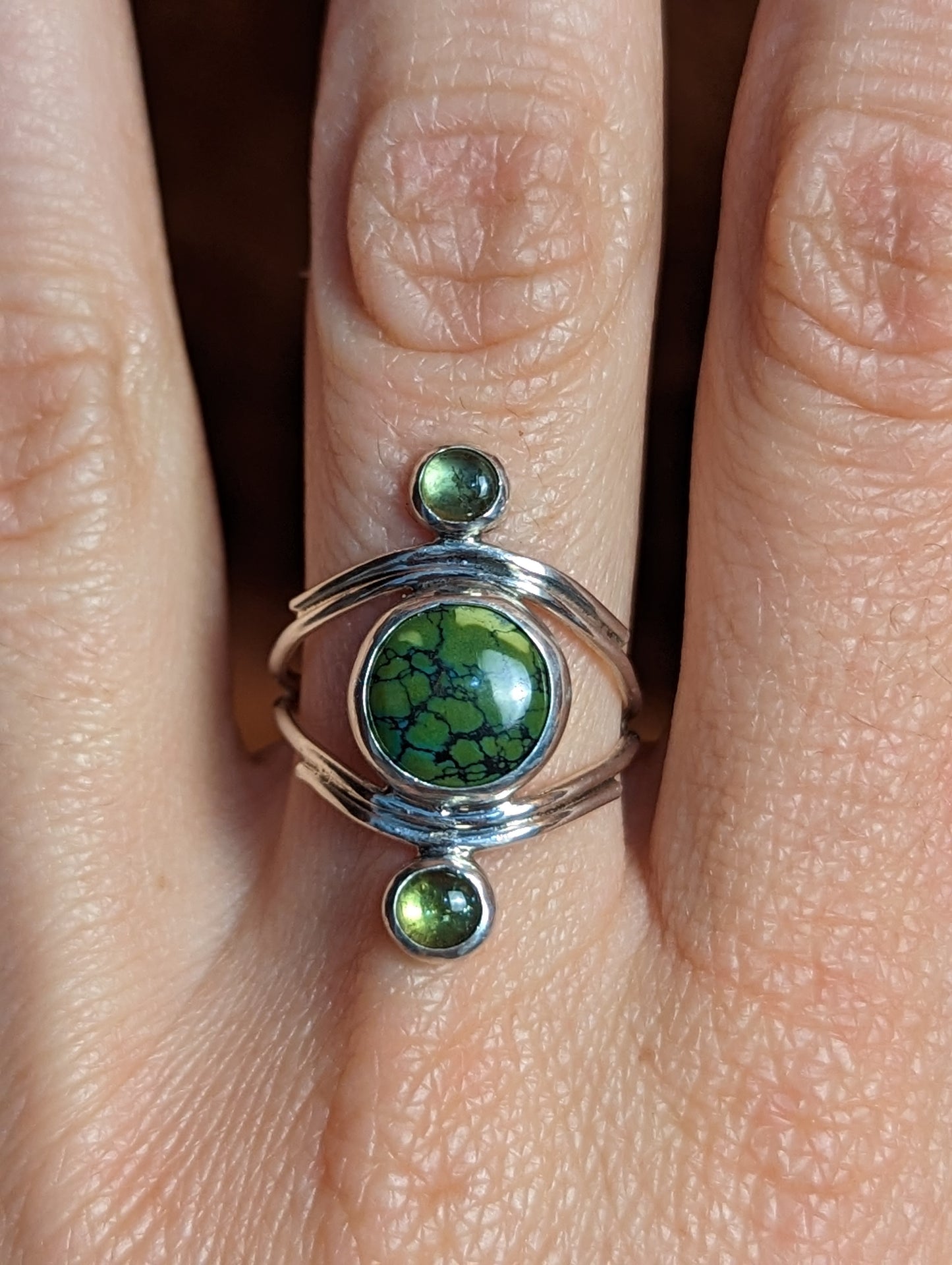 Green Tourmaline and Turquoise Third Eye Ring US Size 6